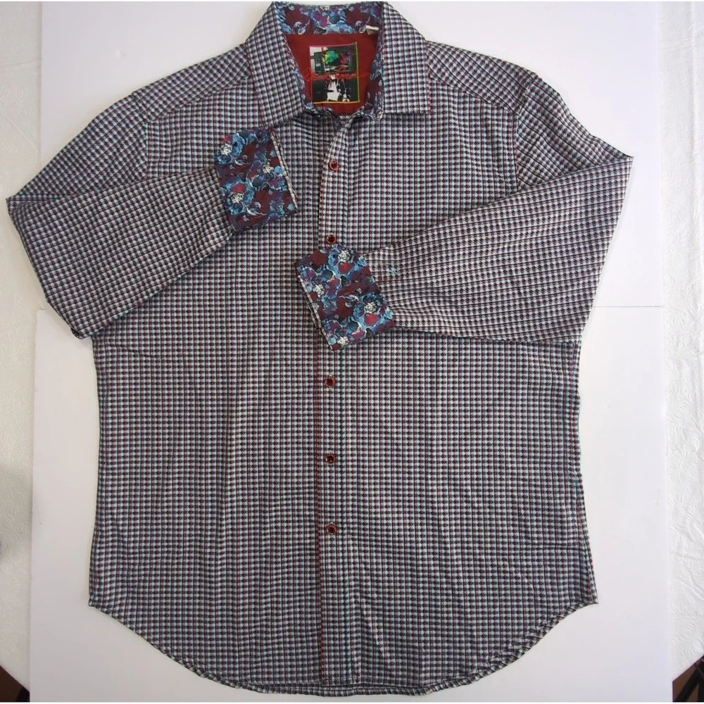 Robert Graham Long Sleeve Flip Cuff Shirt Mens L Classic Fit Check Floral